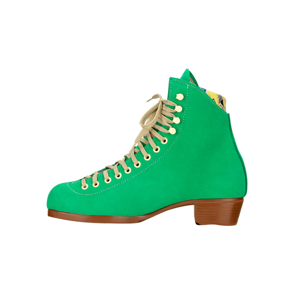 Moxi Lolly roller skate boot in Green Apple with signature Moxi "M" cutout and lining, tan sole, and oyster laces and eyelets.