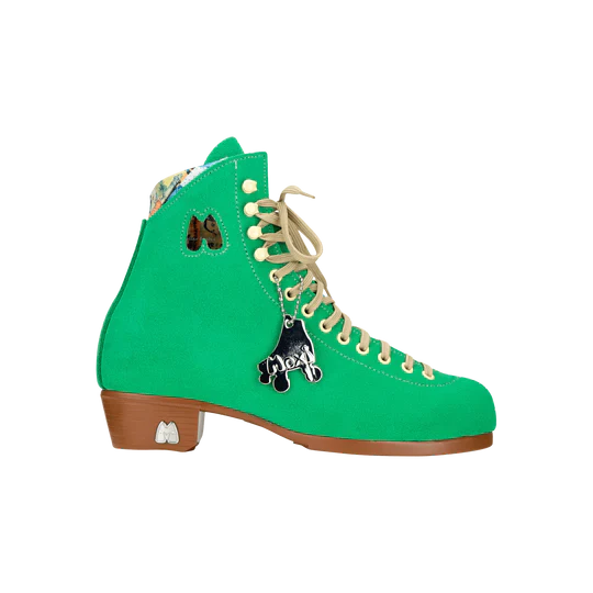 Moxi Lolly roller skate boot in Green Apple with signature Moxi "M" cutout and lining, tan sole, and oyster laces and eyelets.