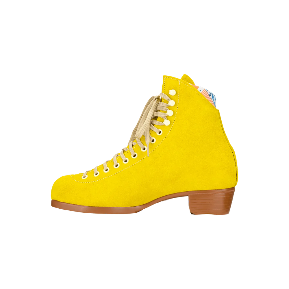 Moxi Lolly roller skate boot in Pineapple yellow with signature Moxi "M" cutout and lining, tan sole, and oyster laces and eyelets.