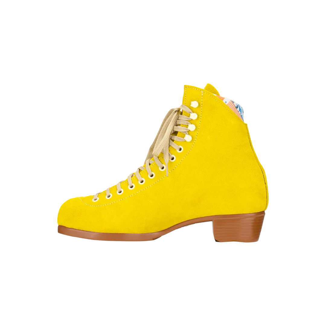 Moxi Lolly roller skate boot in Pineapple yellow with signature Moxi "M" cutout and lining, tan sole, and oyster laces and eyelets.