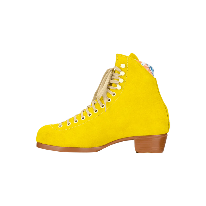 Moxi Lolly roller skate boot in Pineapple yellow with signature Moxi "M" cutout and lining, tan sole, and oyster laces and eyelets.