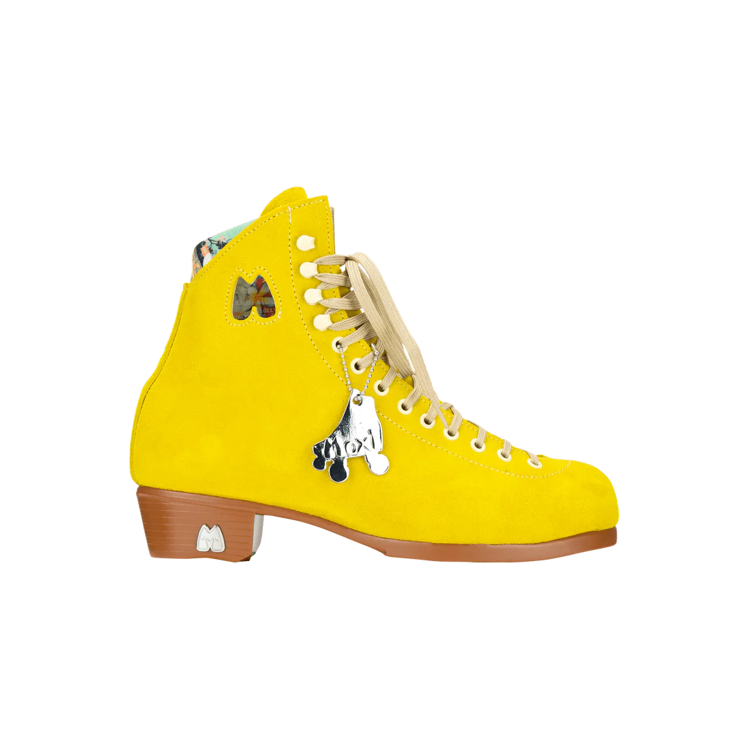 Moxi Lolly roller skate boot in Pineapple yellow with signature Moxi "M" cutout and lining, tan sole, and oyster laces and eyelets.