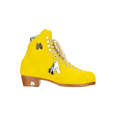 Moxi Lolly roller skate boot in Pineapple yellow with signature Moxi "M" cutout and lining, tan sole, and oyster laces and eyelets.