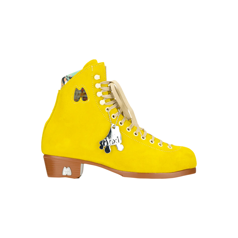 Moxi Lolly roller skate boot in Pineapple yellow with signature Moxi "M" cutout and lining, tan sole, and oyster laces and eyelets.