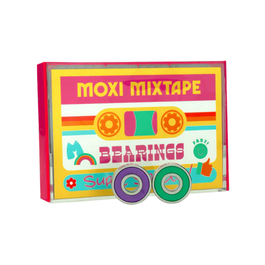 Moxi Roller Skates Mixtape Bearings with two tones purple and teal shields with cassette tape packaging.