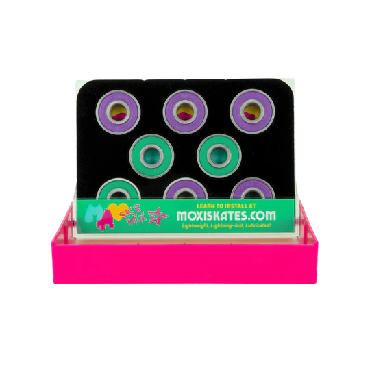 Moxi Roller Skates Mixtape Bearings with two tones purple and teal shields with cassette tape packaging.