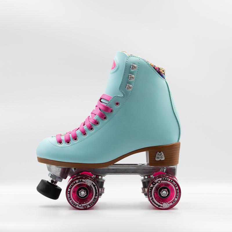 Moxi Roller Skates Beach Bunny skates in Blue Sky with pink laces and wheels.