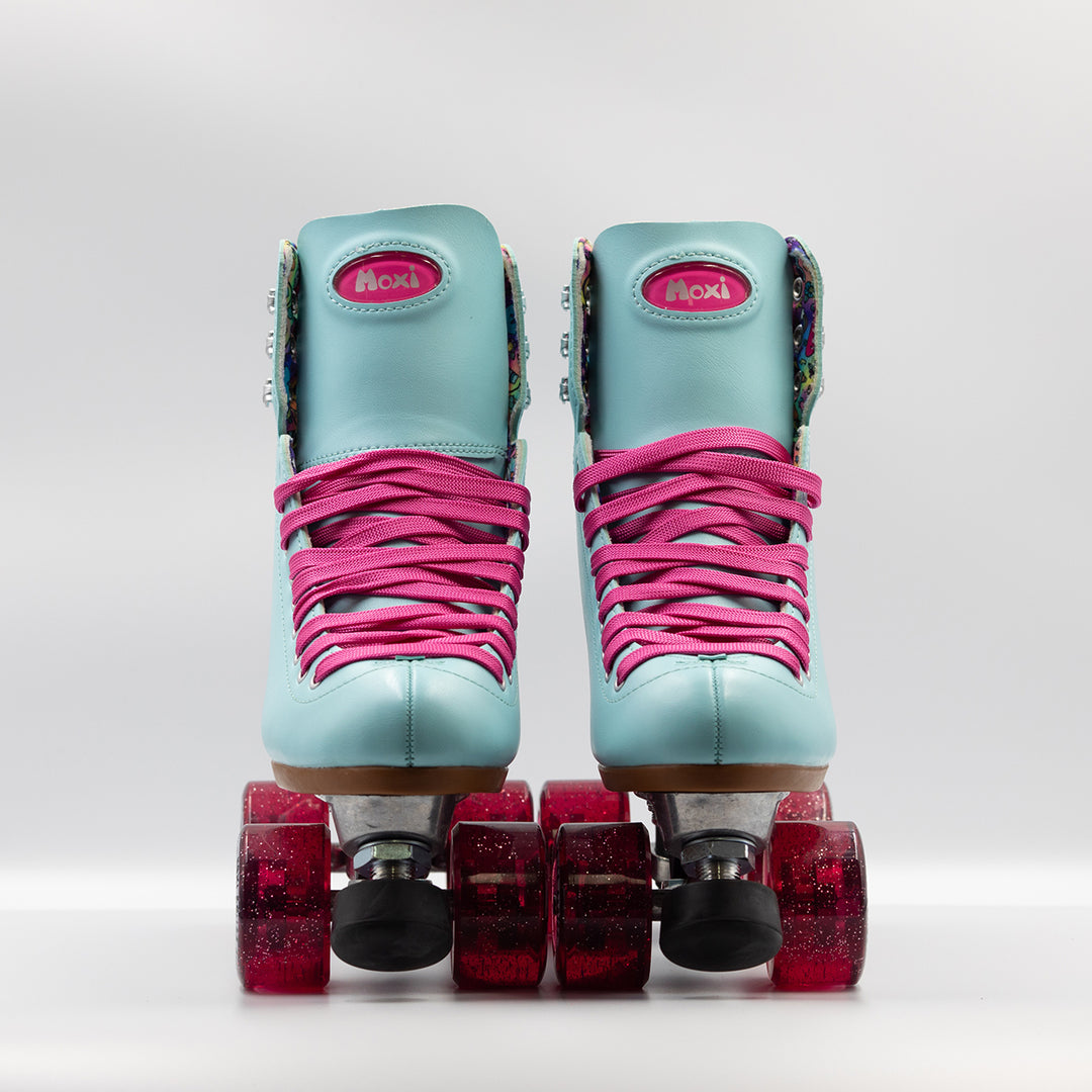 Moxi Roller Skates Beach Bunny skates in Blue Sky with pink laces and wheels.