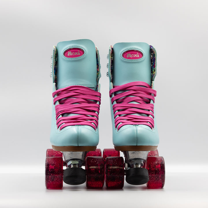 Moxi Roller Skates Beach Bunny skates in Blue Sky with pink laces and wheels.