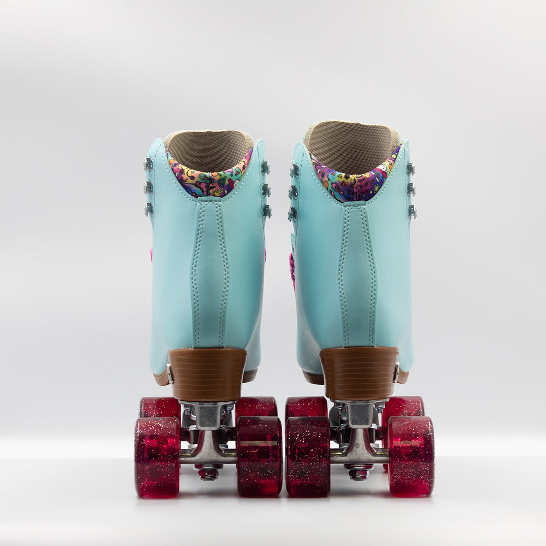 Moxi Roller Skates Beach Bunny skates in Blue Sky with pink laces and wheels.