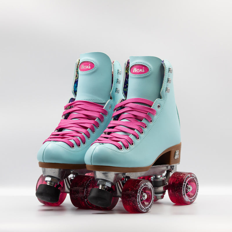 Moxi Roller Skates Beach Bunny skates in Blue Sky with pink laces and wheels.