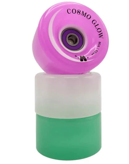 Moxi cosmo glow wheels in a stack.