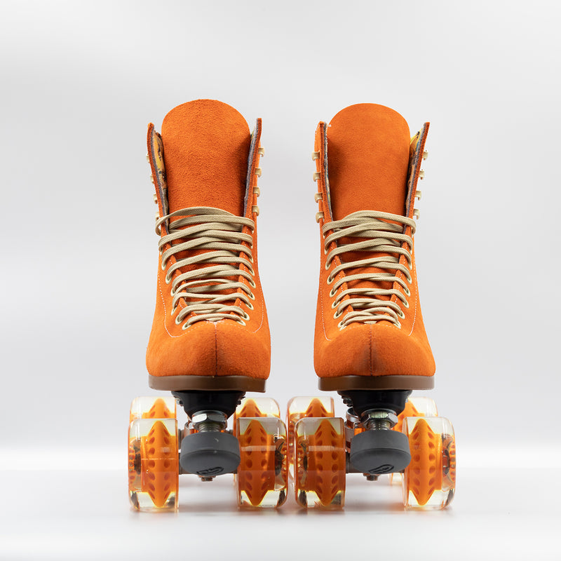 Front view Moxi Roller Skates Lolly roller skates in Clementine orange.