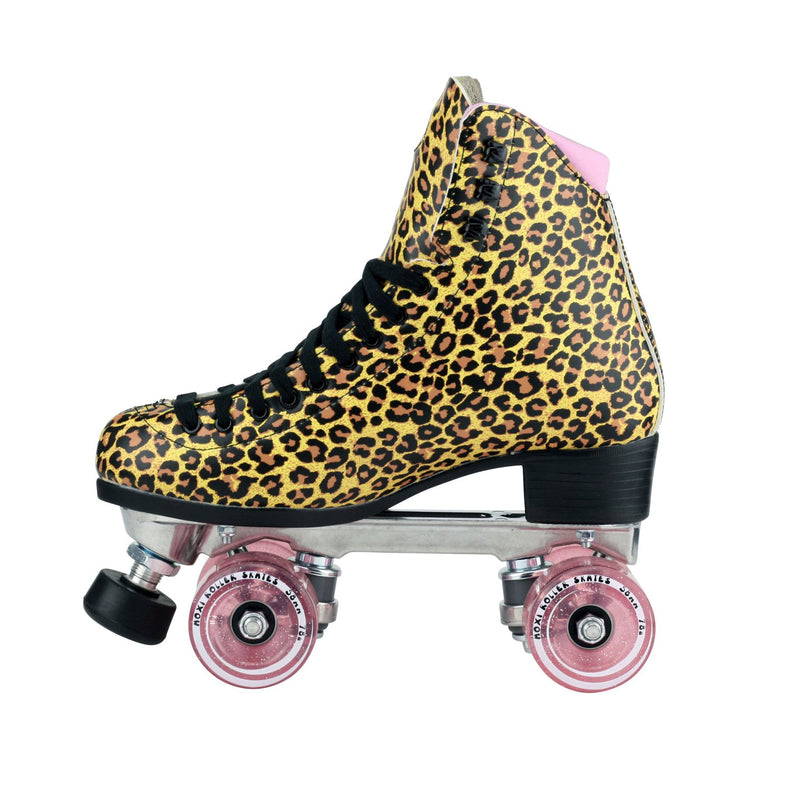 Moxi Roller Skates Jungle leopard print roller skates with pink lining and wheels.