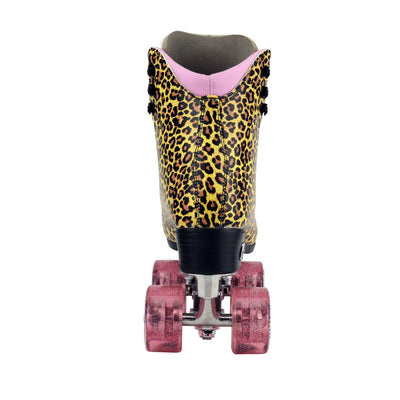 Moxi Roller Skates Jungle leopard print roller skates with pink lining and wheels. 