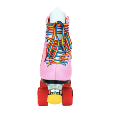 Moxi Roller Skates Rainbow Rider in Pink Heart with white tongue, red wheels and yellow toe stop.