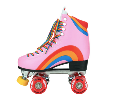 Moxi Roller Skates Rainbow Rider in Pink Heart with white tongue, red wheels and yellow toe stop.