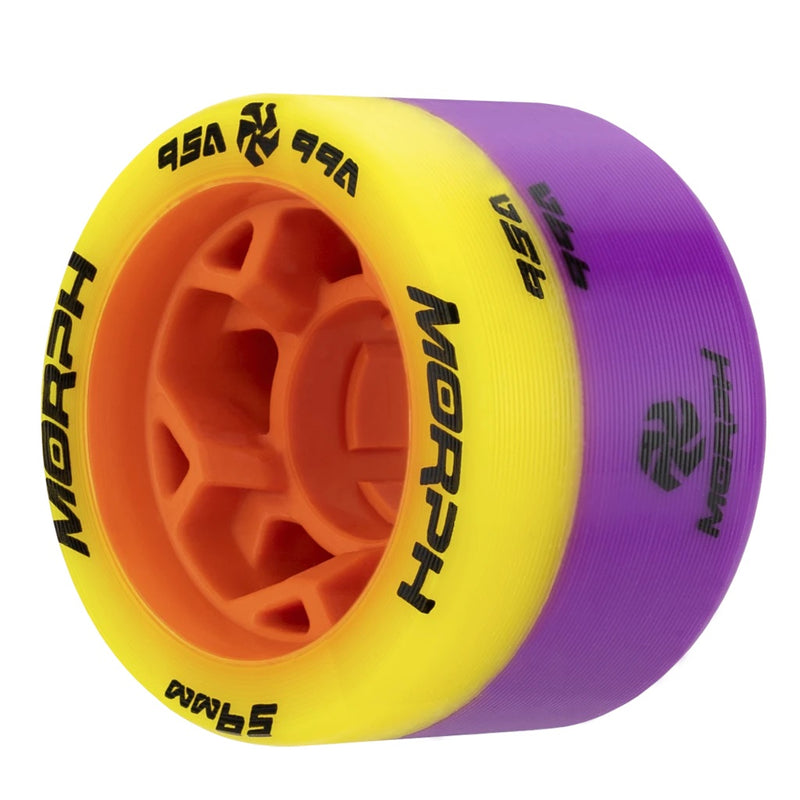 Reckless Morph wheel in orange core with yellow and purple urethane.