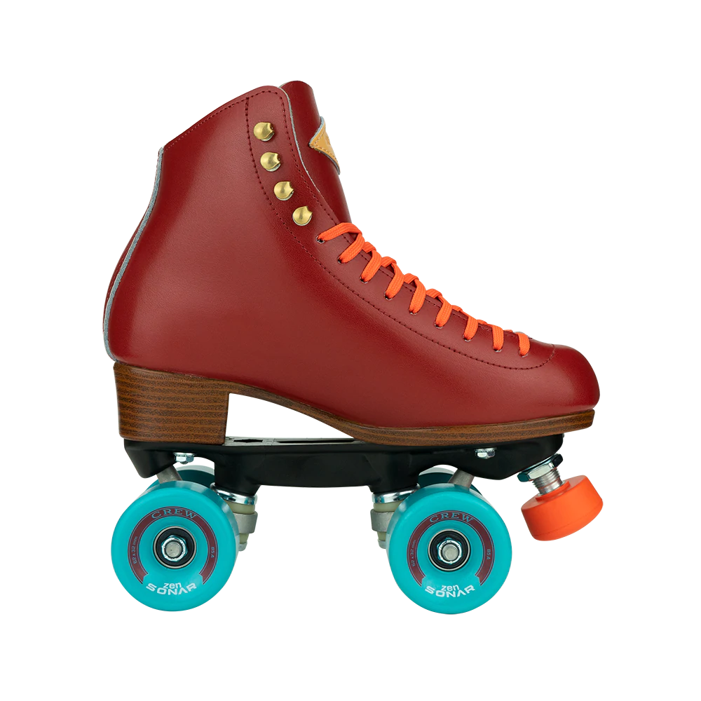 Riedell Crew roller skates in Crimson red with orange laces and toe stops, and blue wheels.