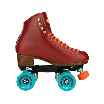 Riedell Crew roller skates in Crimson red with orange laces and toe stops, and blue wheels.