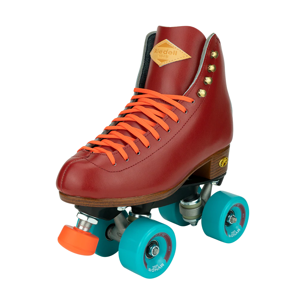 Riedell Crew roller skates in Crimson red with orange laces and toe stops, and blue wheels.