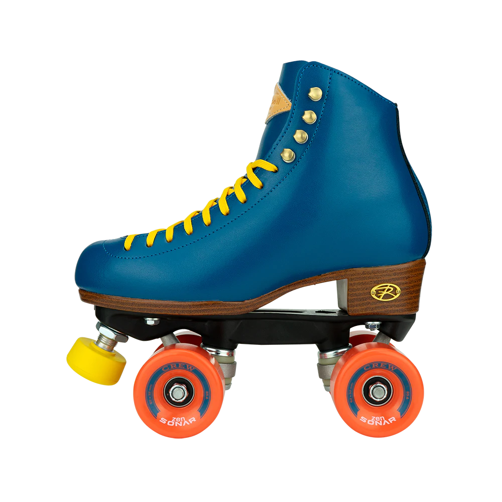 Riedell Crew roller skates in Ocean blue with yellow laces and toe stops, and orange wheels.