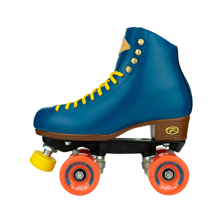 Riedell Crew roller skates in Ocean blue with yellow laces and toe stops, and orange wheels.