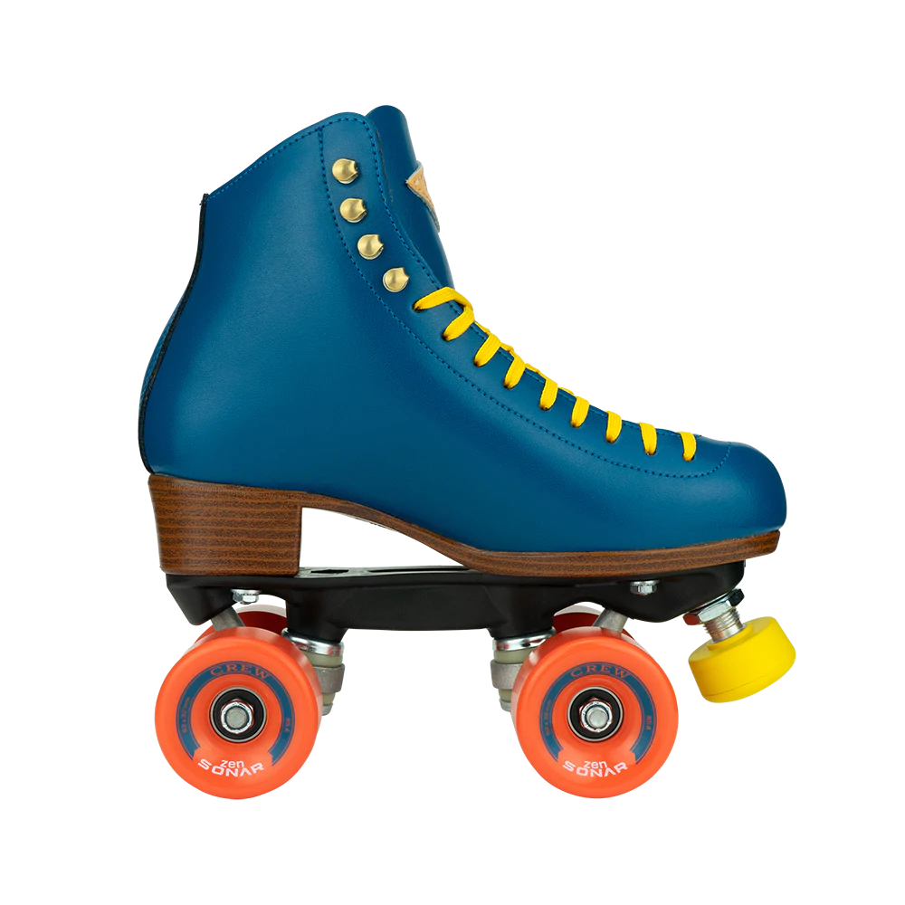 Riedell Crew roller skates in Ocean blue with yellow laces and toe stops, and orange wheels.