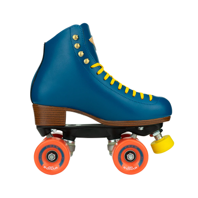 Riedell Crew roller skates in Ocean blue with yellow laces and toe stops, and orange wheels.