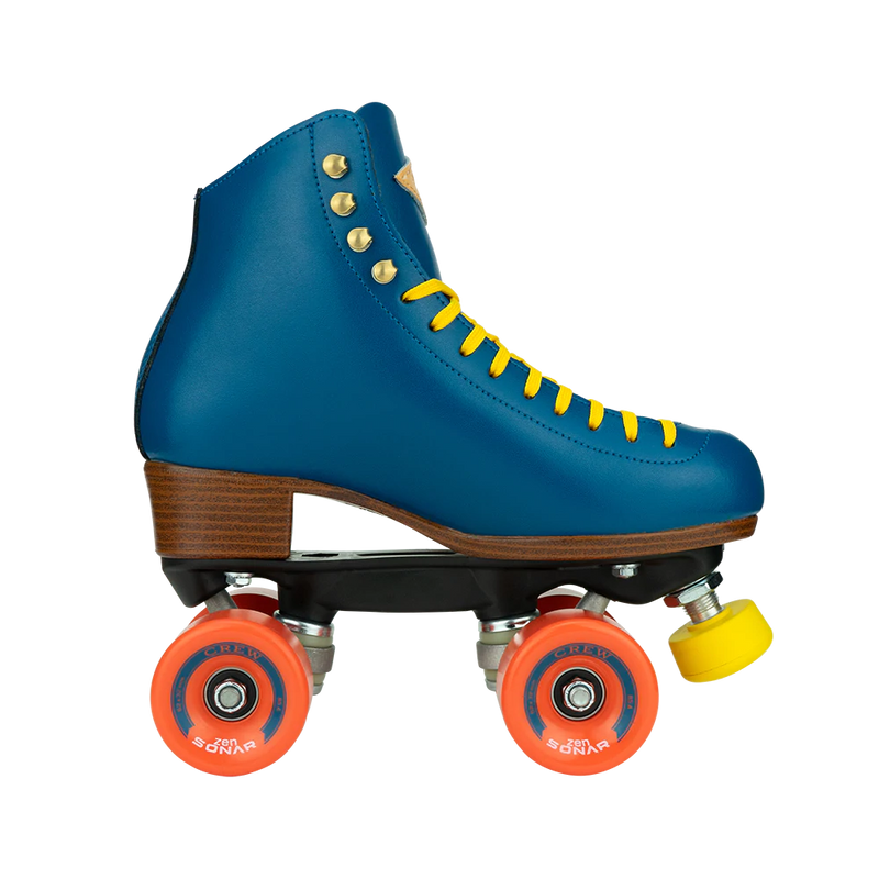 Riedell Crew roller skates in Ocean blue with yellow laces and toe stops, and orange wheels.