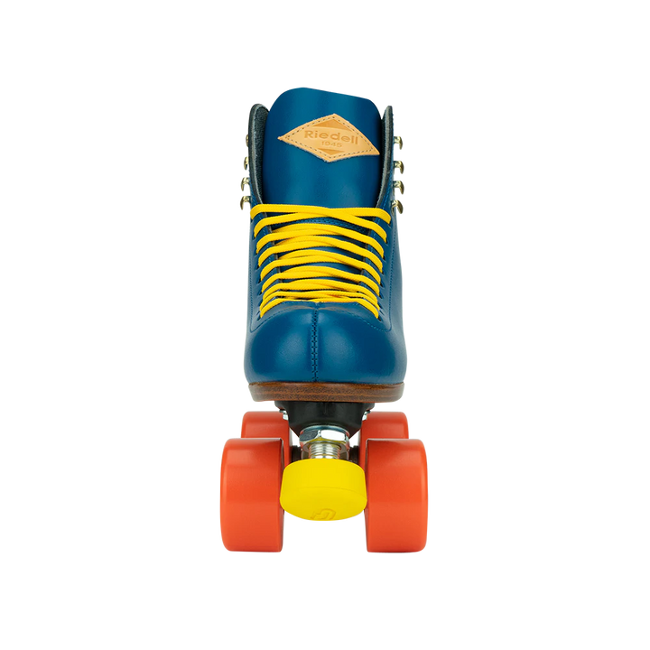 Riedell Crew roller skates in Ocean blue with yellow laces and toe stops, and orange wheels.