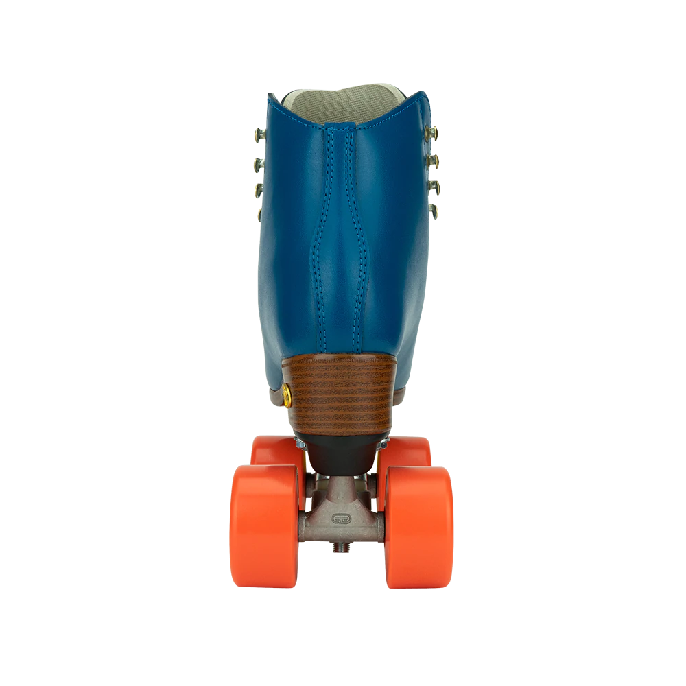 Riedell Crew roller skates in Ocean blue with yellow laces and toe stops, and orange wheels.