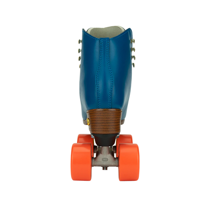 Riedell Crew roller skates in Ocean blue with yellow laces and toe stops, and orange wheels.