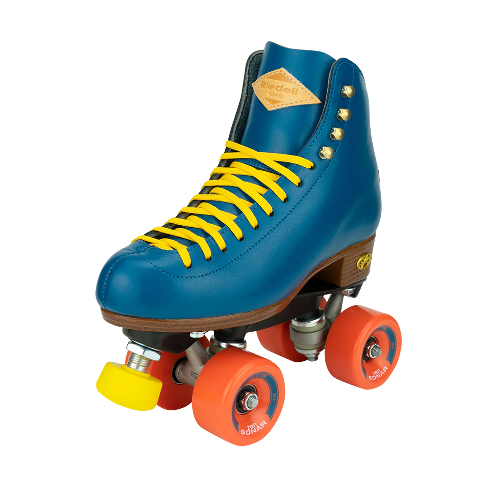 Riedell Crew roller skates in Ocean blue with yellow laces and toe stops, and orange wheels.