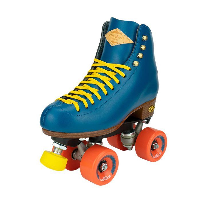 Riedell Crew roller skates in Ocean blue with yellow laces and toe stops, and orange wheels.