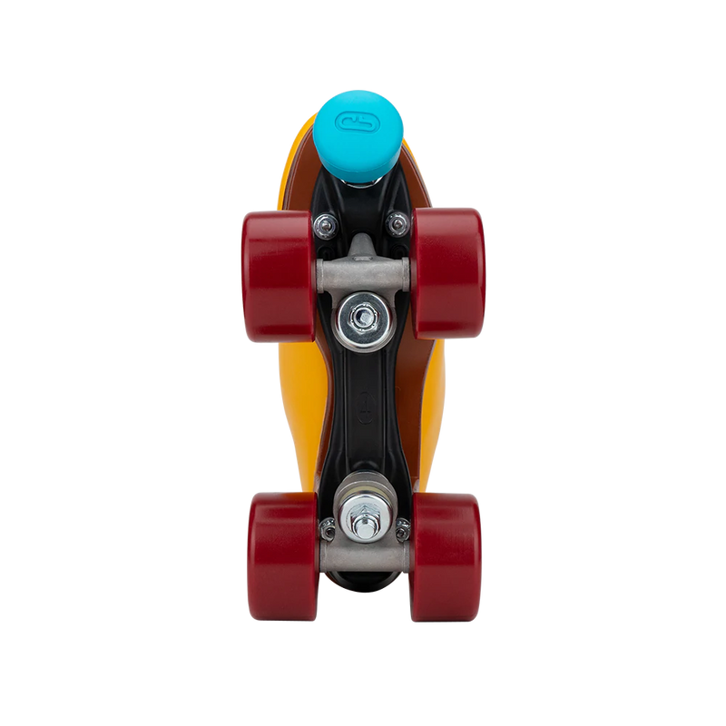 Riedell Crew roller skate in Turmeric yellow with blue laces and toe stop and crimson red wheels.