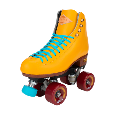 Riedell Crew roller skate in Turmeric yellow with blue laces and toe stop and crimson red wheels.