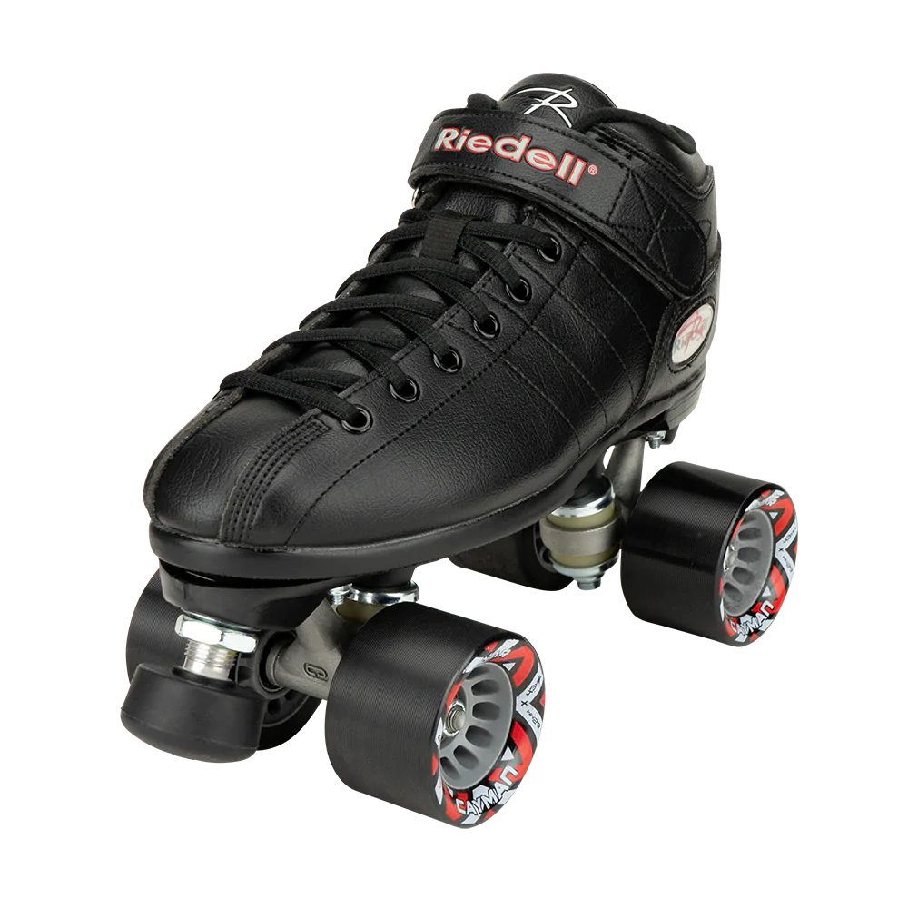 Riedell R3 black low cut, flat boot roller skate.