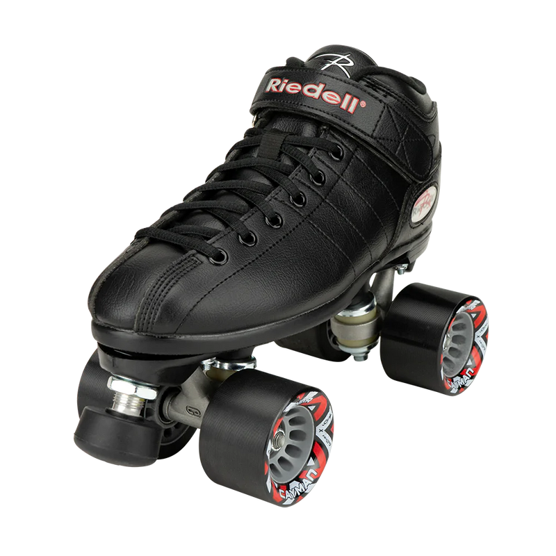 Riedell R3 black low cut, flat boot roller skate.