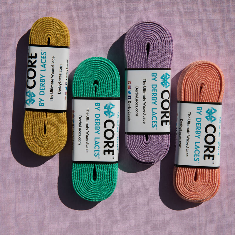 Derby Laces in Mustard Yellow, Aquamarine, Lavender and Rose Petal.