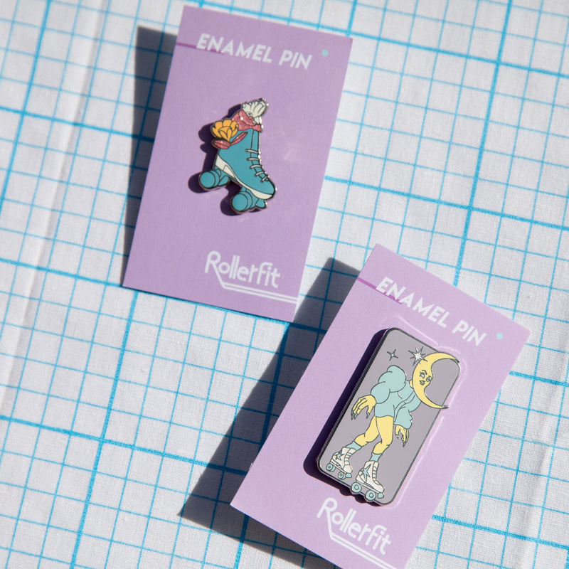 RollerFit Enamel Pin 2 pack with Galah and Celestial Skater pins.