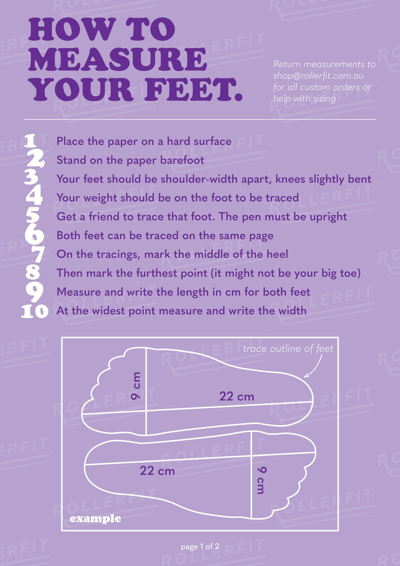 RollerFit foot measurement guide for fitting roller skates.