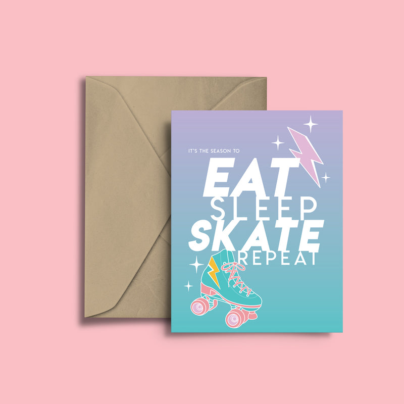 RollerFit Eat Sleep Skate Repeat greeting card with purple and teal ombre background, white text, lightning bolt and roller skate.