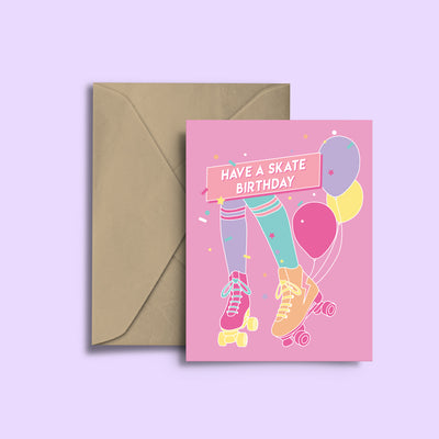 RollerFit Have a skate birthday greeting card with pink background, colourful balloons and skater legs with roller skates.