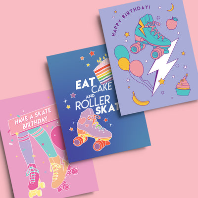 3 RollerFit birthday greeting card designs.