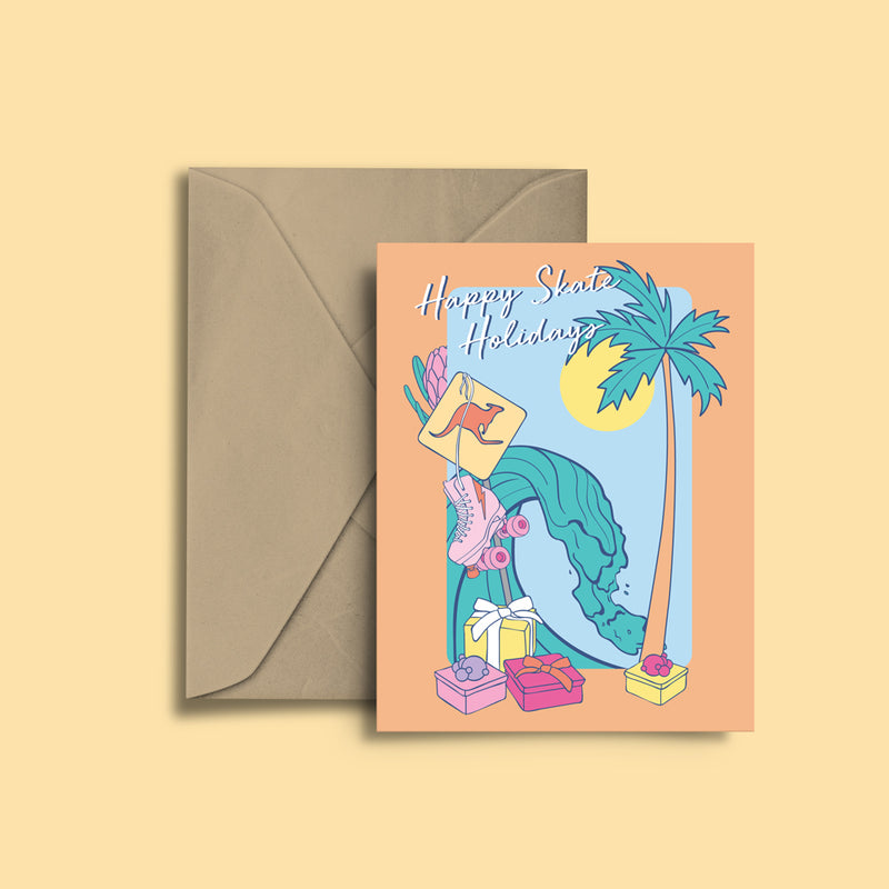 RollerFit Happy Skate Holidays card with pastel orange background, white text, palm tree, presents, wave, roller skate and kangaroo sign.