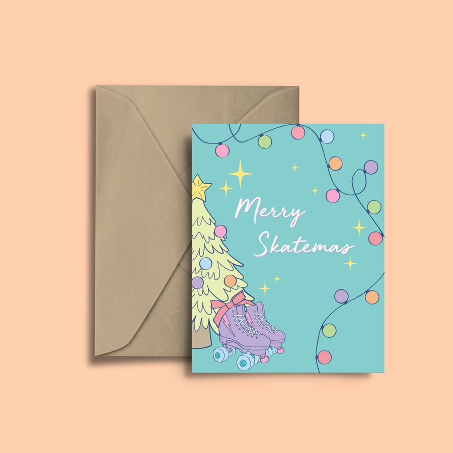 RollerFit Merry Skatemas christmas card with teal background and pastel design of a christmas tree, roller skates, stars and festive lights.
