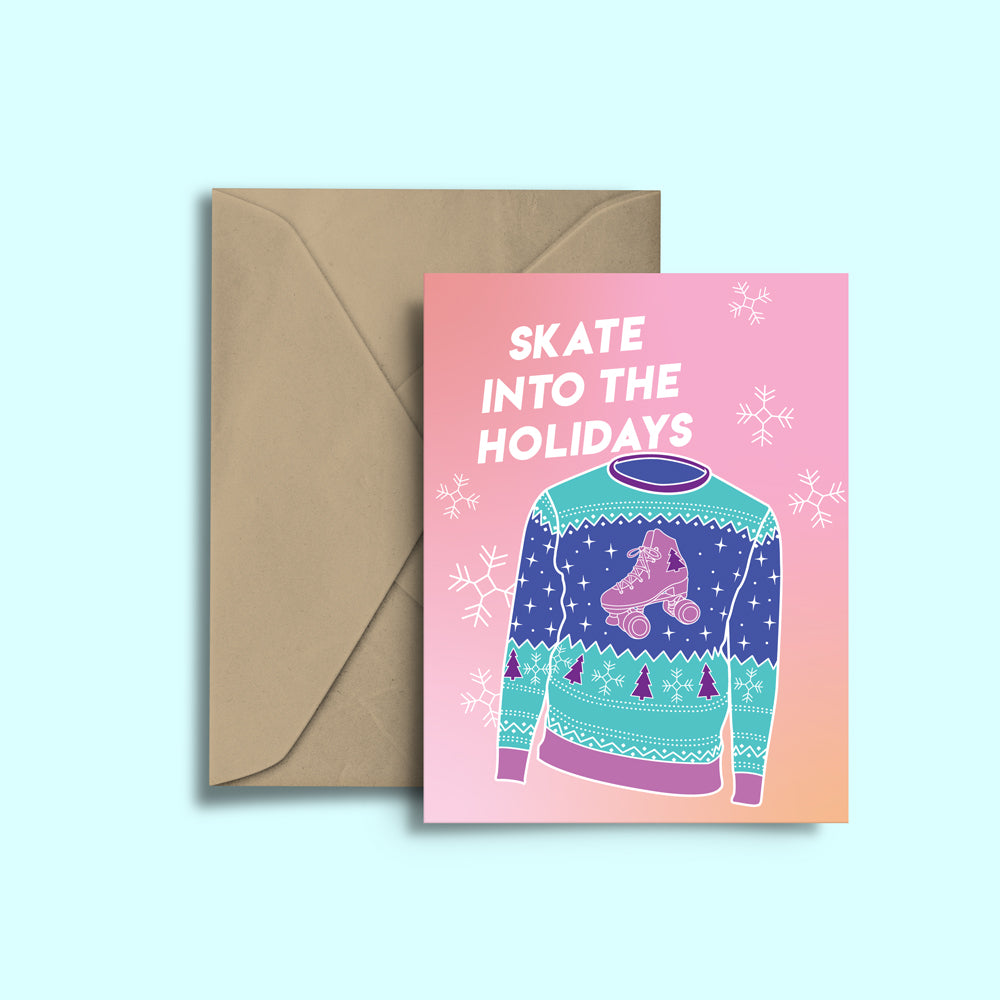 RollerFit Skate into the Holidays greeting card with pastel pink/orange back ground, white text and snowflakes, Christmas sweater with a roller skate.
