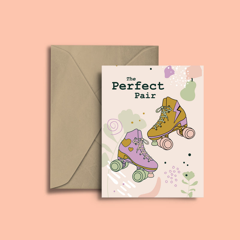 RollerFit The Perfect Pair valentines card with mustard, purple and sage roller skates and flowers.