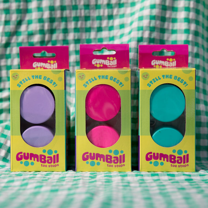 Gumball Toe Stops in Grape, Cherry and Mint.